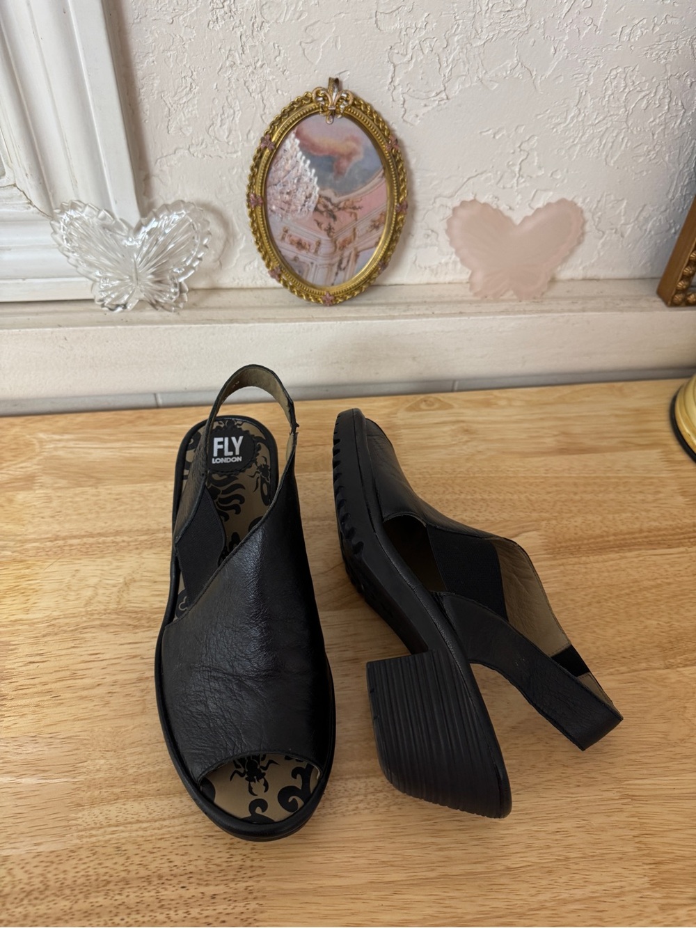 Fly London Black Leather Peep Toe Slingback Heels EU 39 Y2K Chunky Comfy Sandals